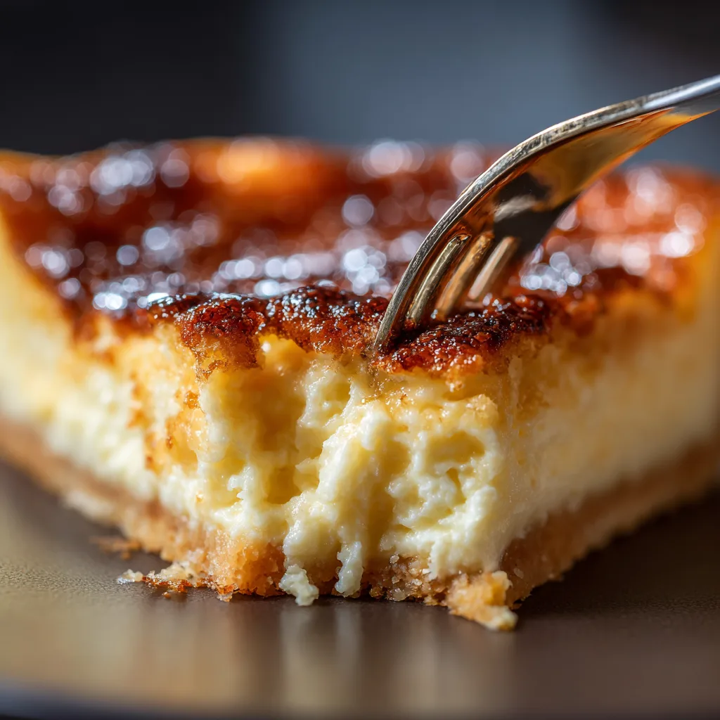 Nahaufnahme Käsekuchen Scheibe mit sichtbarer cremiger Textur und knusprigem Boden