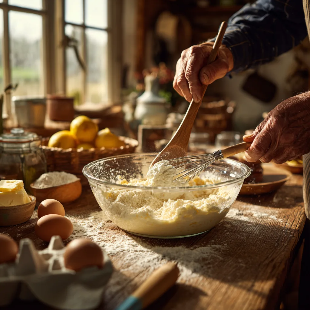 Käsekuchen Zubereitung in der Küche mit Quark und Zutaten