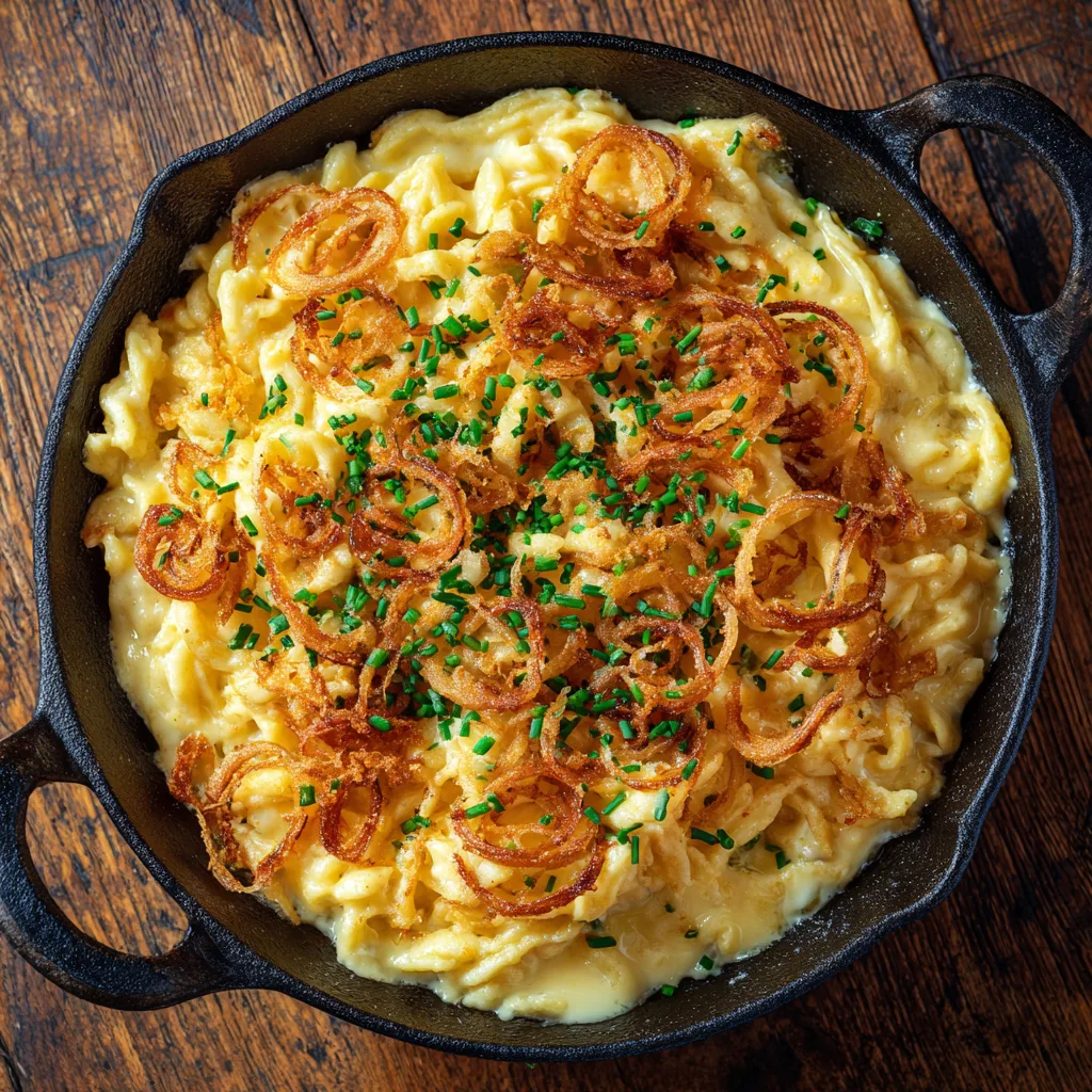 Käsespätzle mit geschmolzenem Käse und Röstzwiebeln in rustikaler Pfanne von oben fotografiert