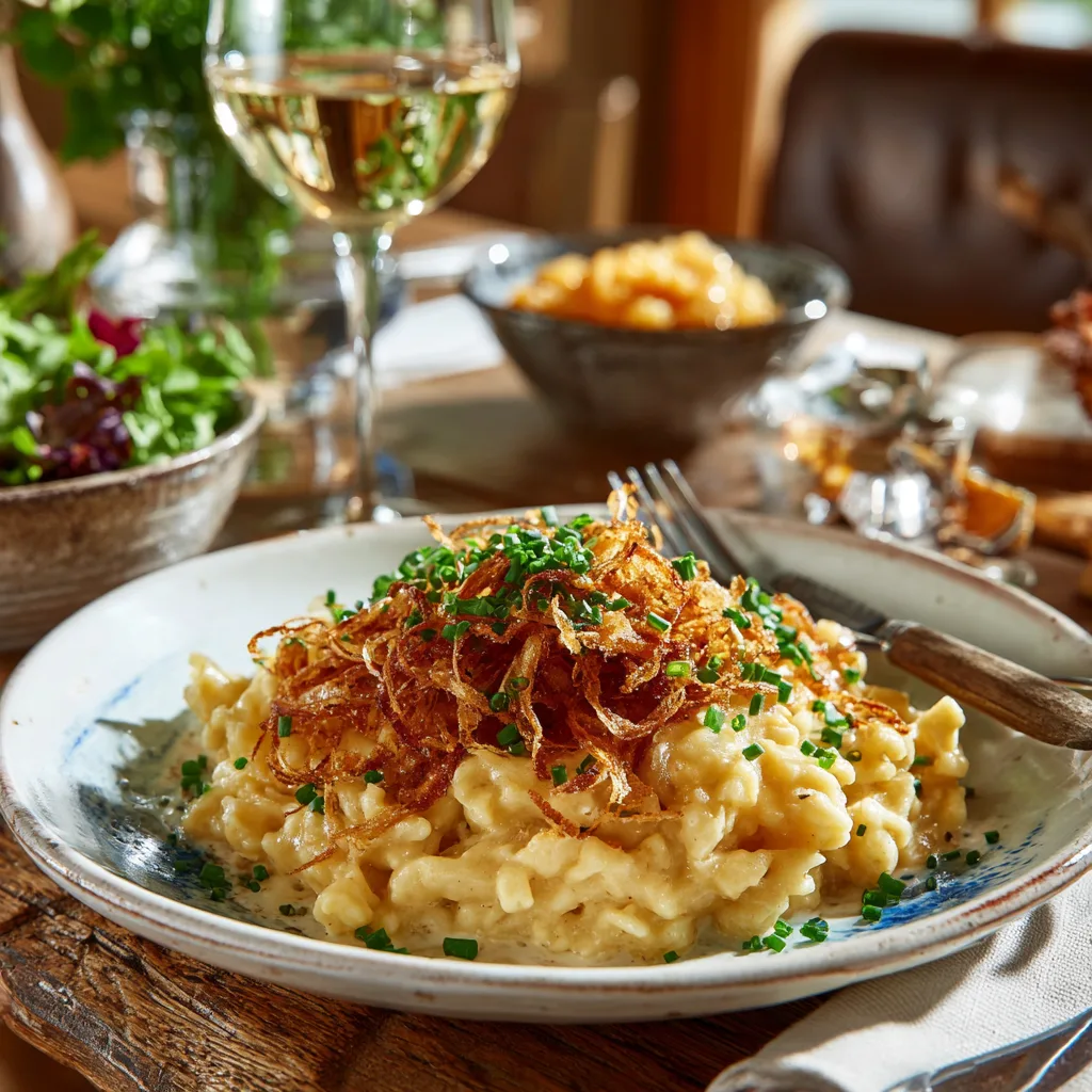 Portion Käsespätzle auf Teller serviert mit Salat und Röstzwiebeln als Beilage