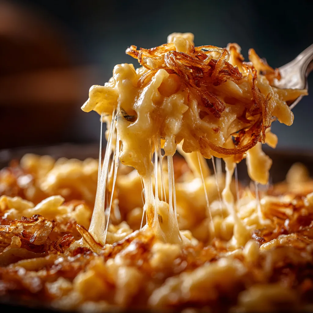 Nahaufnahme von Käsespätzle mit schmelzendem Käse und knusprigen Zwiebeln auf der Gabel