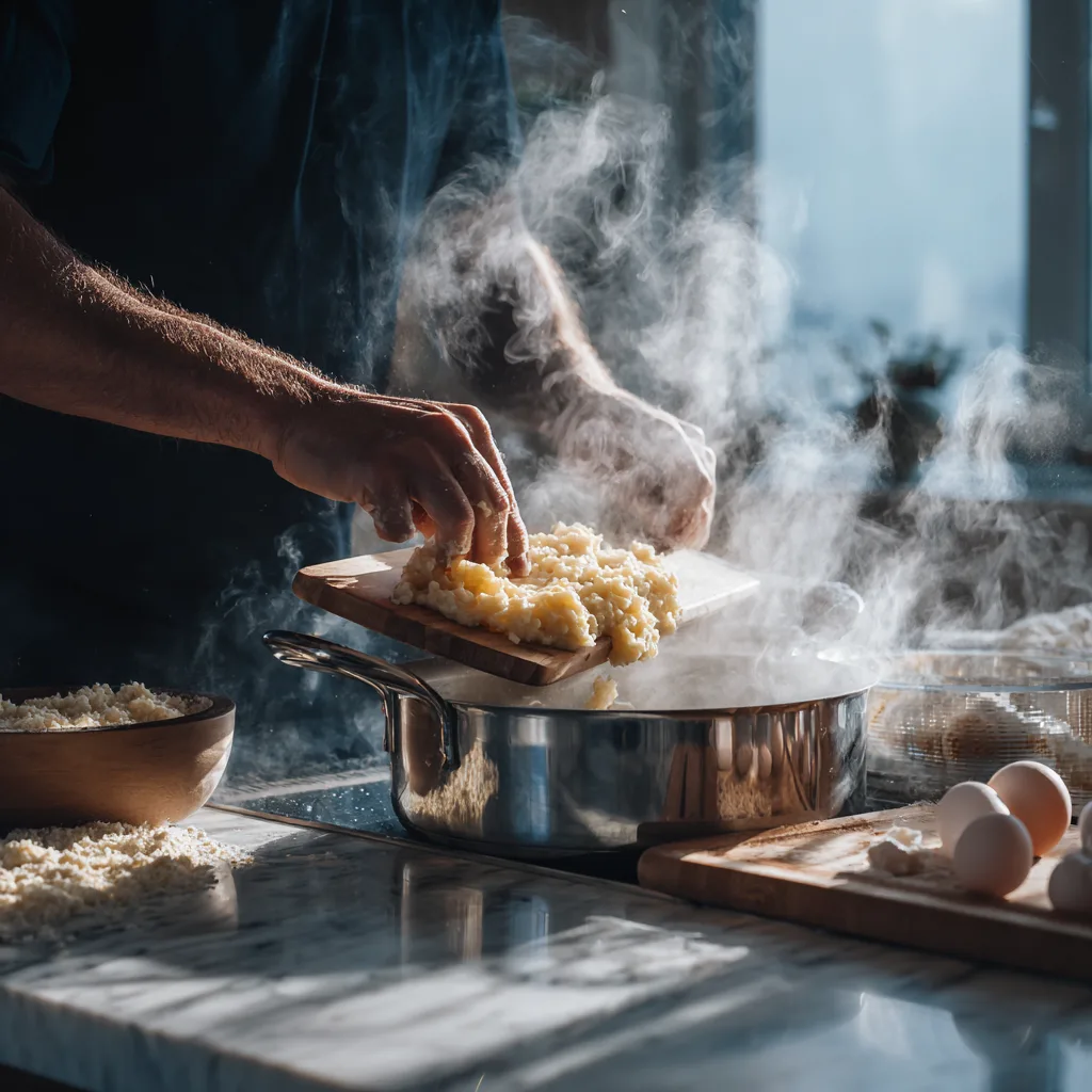 Spätzle-Teig wird durch Spätzlebrett ins kochende Wasser geschabt – Zubereitung von Käsespätzle