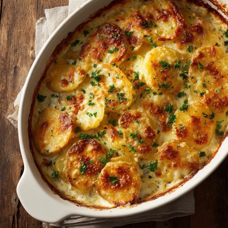 Kartoffelgratin mit Knoblauch in Auflaufform mit goldbrauner Käsekruste und Petersilie