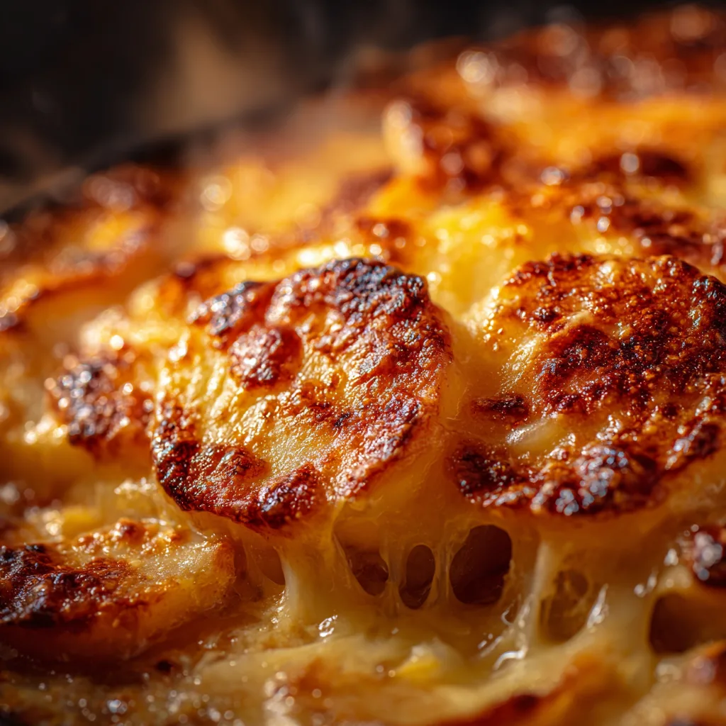 Nahaufnahme Kartoffelgratin mit Knoblauch zeigt cremige Schichten und geschmolzenen Käse