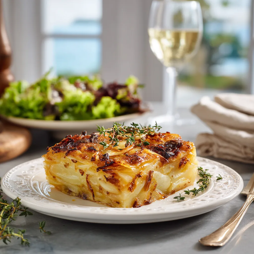 Portioniertes Kartoffelgratin mit Knoblauch auf Teller serviert mit grünem Salat