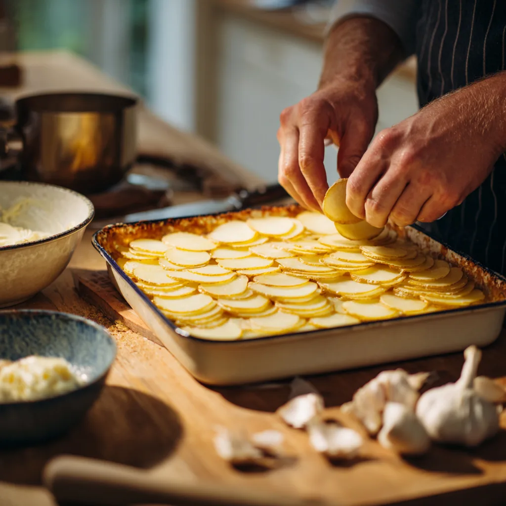 Kartoffelgratin mit Knoblauch Zubereitung – Kartoffelscheiben schichten in Auflaufform