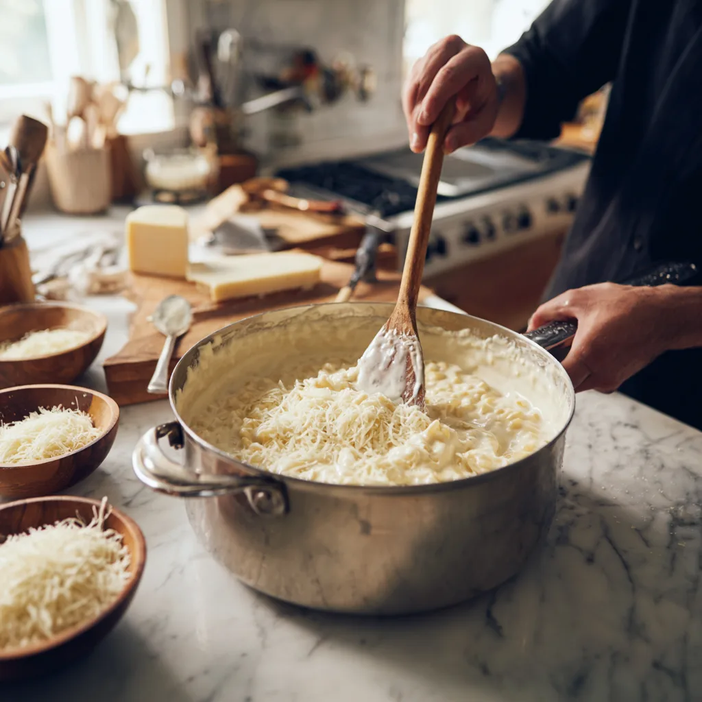 Killer Mac and Cheese Zubereitung Käsesauce rühren