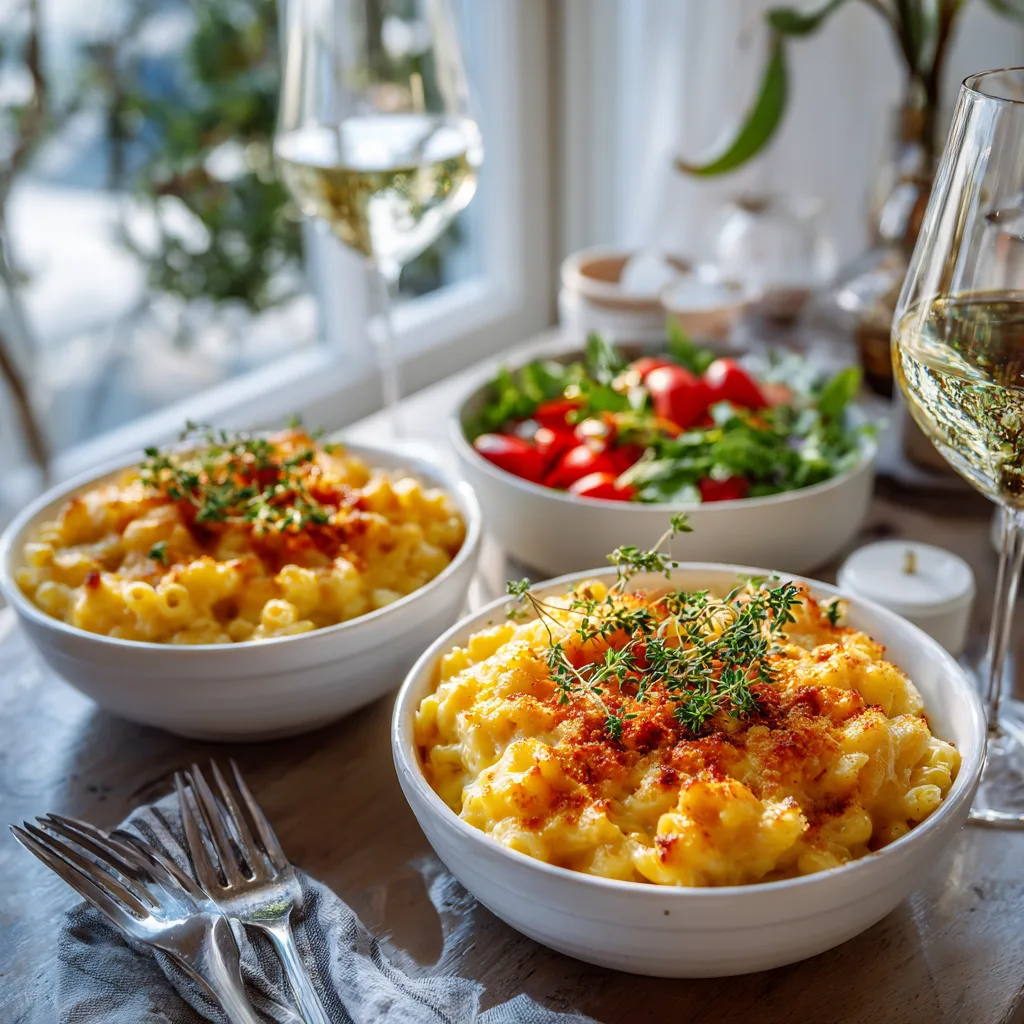Killer Mac and Cheese serviert mit Salat und Beilagen