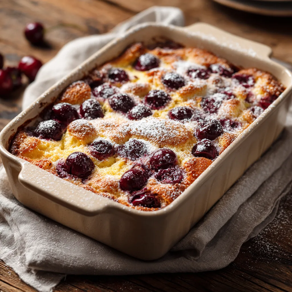 Kirschenmichel frisch aus dem Ofen in einer Auflaufform mit goldbrauner Kruste und sichtbaren Kirschen