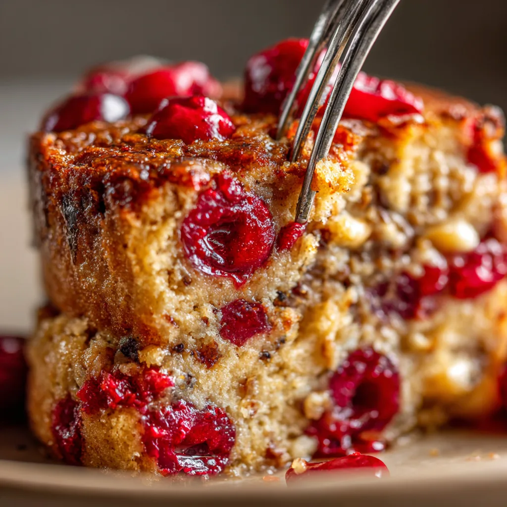 Nahaufnahme eines Kirschenmichel-Stücks mit saftiger Textur und eingebackenen Sauerkirschen
