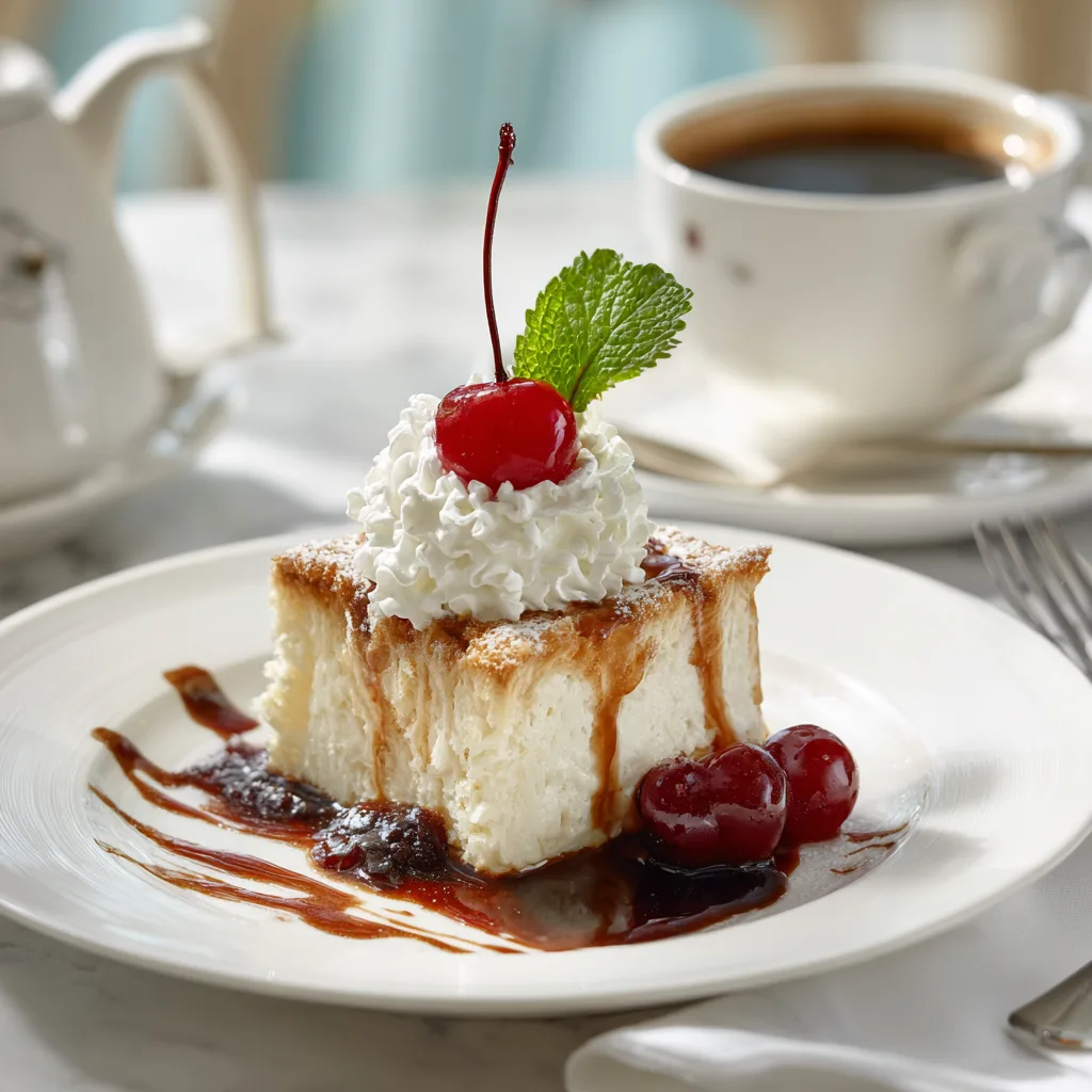 Kirschenmichel serviert auf Dessertteller mit Vanillesauce und Schlagsahne