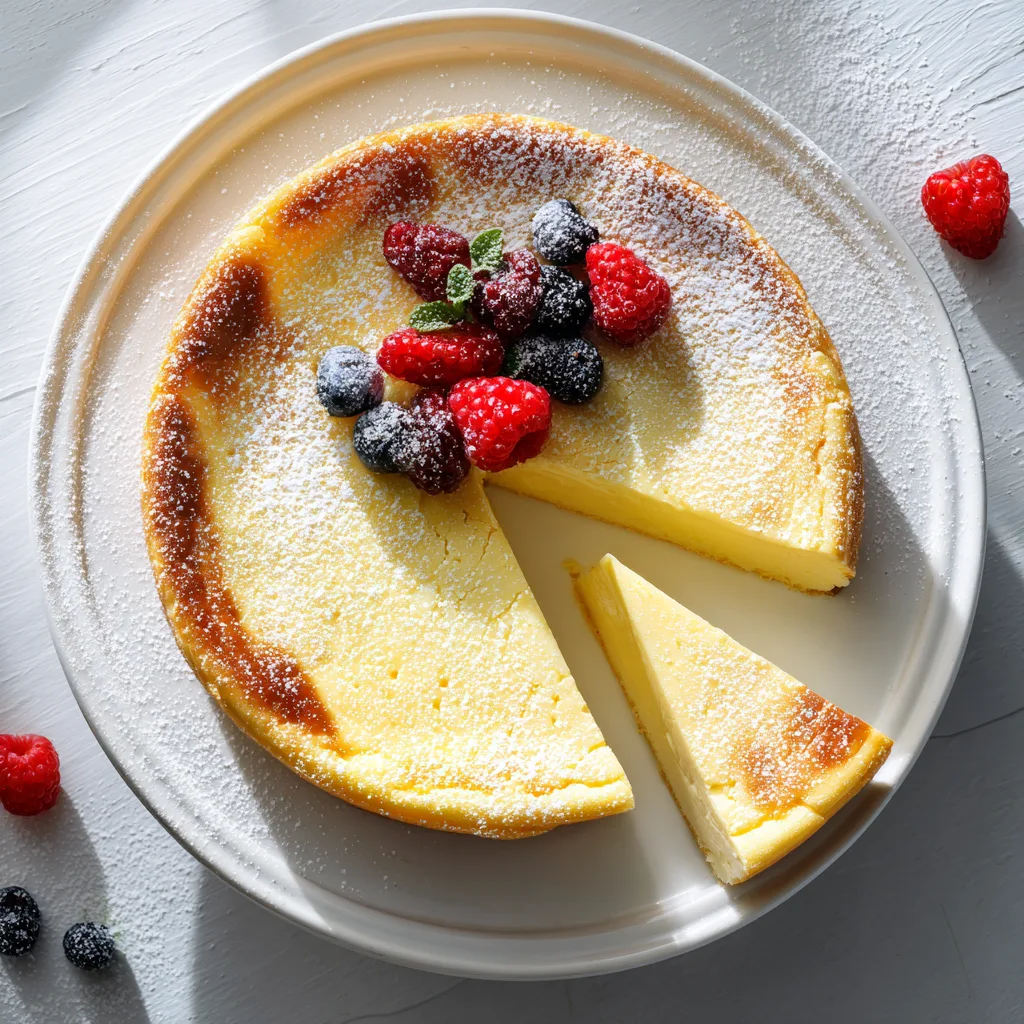 Klassischer deutscher Käsekuchen mit goldbrauner Oberfläche auf weißem Tortenständer