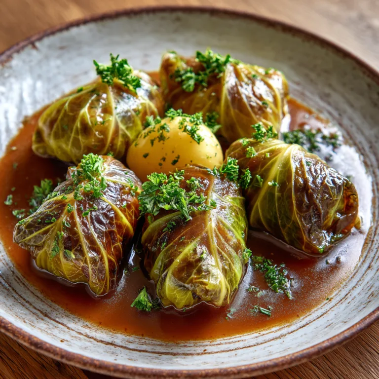 Kohlrouladen auf weißem Teller mit brauner Sauce und Petersilie garniert neben Salzkartoffeln