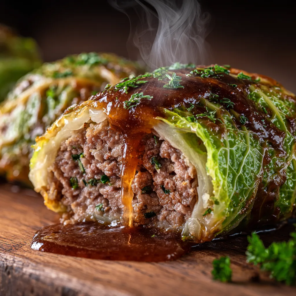 Aufgeschnittene Kohlrouladen zeigen saftige Hackfleischfüllung mit Kräutern im Detail