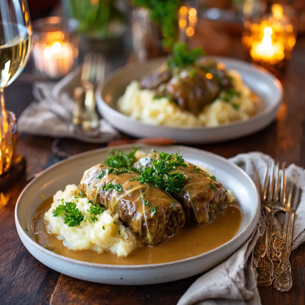 Elegant servierte Kohlrouladen mit Kartoffelpüree auf rustikalem Holztisch mit Kerzenlicht