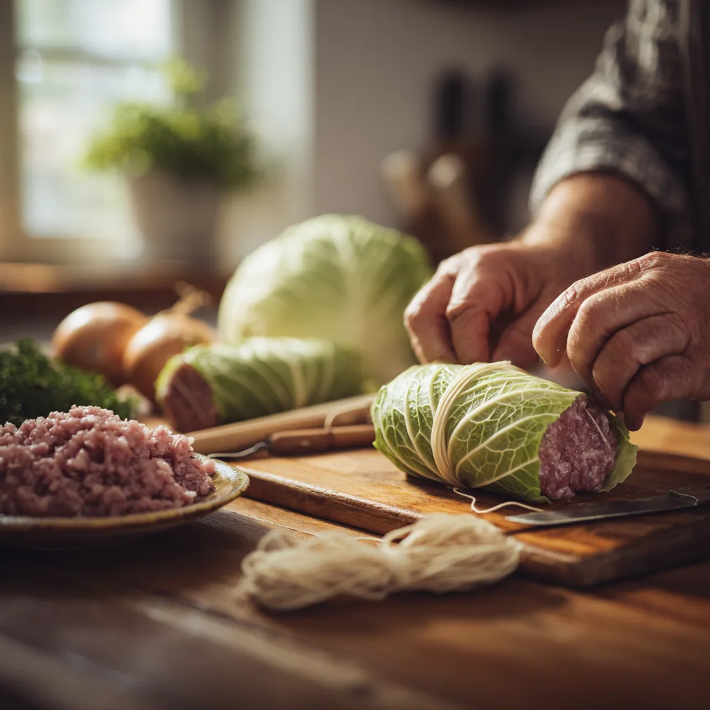 Hände rollen Kohlrouladen in der Küche mit Hackfleischfüllung und blanchierten Kohlblättern