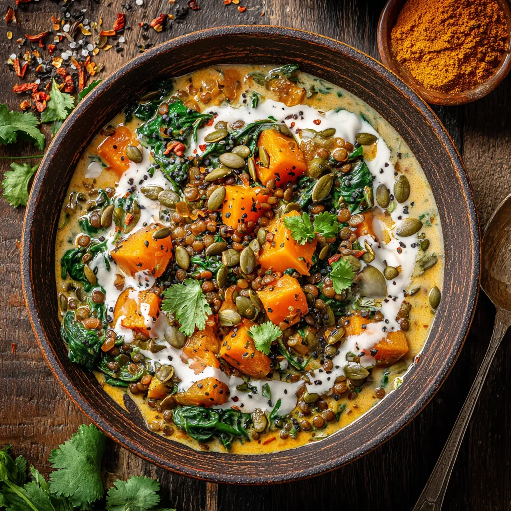 Kürbis-Spinat-Eintopf mit Linsen in rustikaler Schüssel von oben mit frischen Kräutern garniert