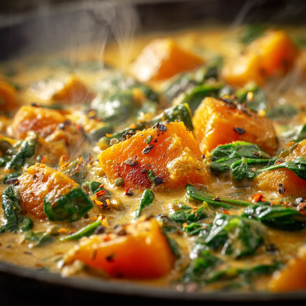 Nahaufnahme von Kürbis-Spinat-Eintopf mit Linsen zeigt cremige Textur und Gewürze