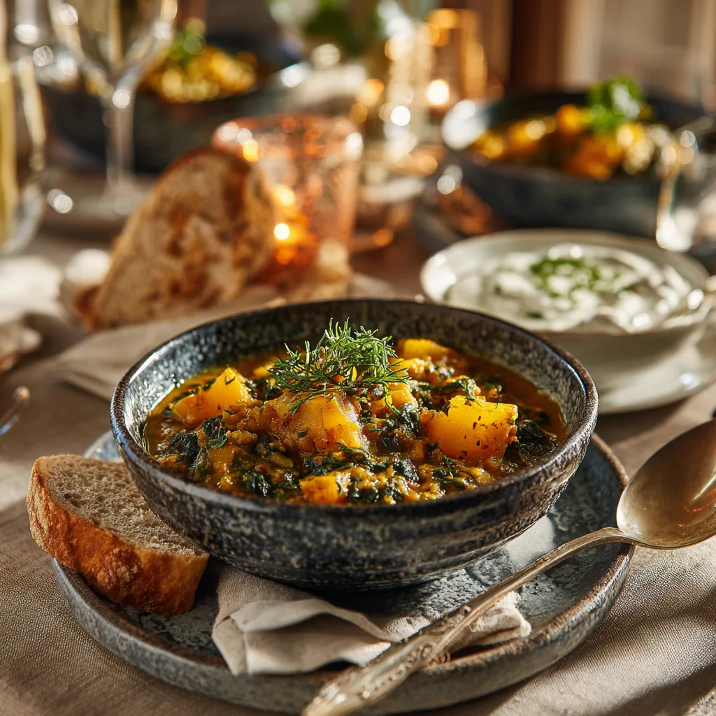Kürbis-Spinat-Eintopf mit Linsen elegant serviert mit Brot und Beilagen