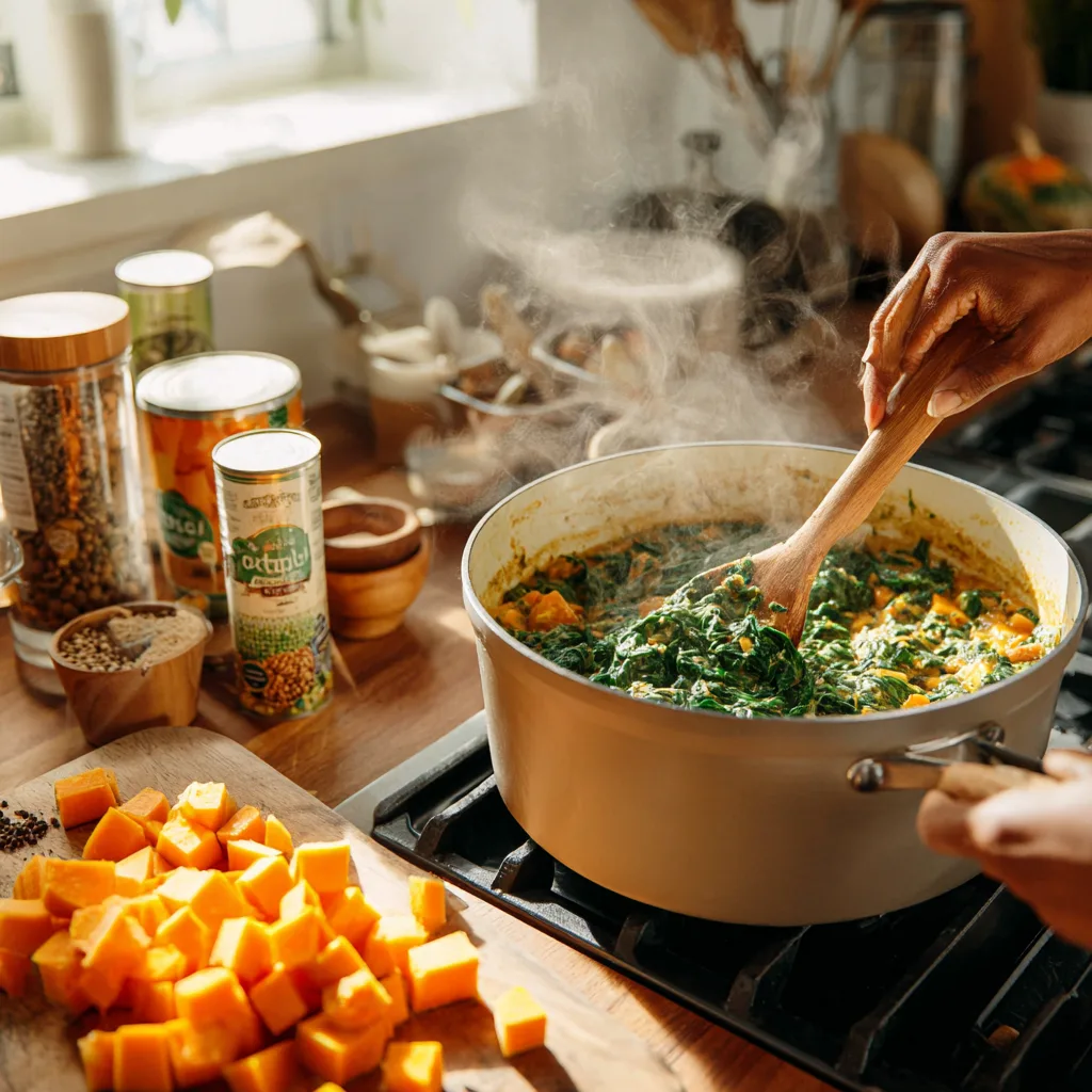 Zubereitung von Kürbis-Spinat-Eintopf mit Linsen in der Küche mit frischen Zutaten