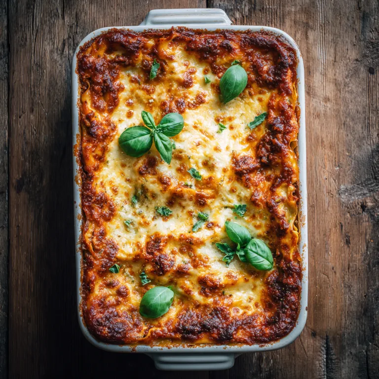 Lasagne Bolognese mit goldener Käsekruste und frischem Basilikum in Auflaufform