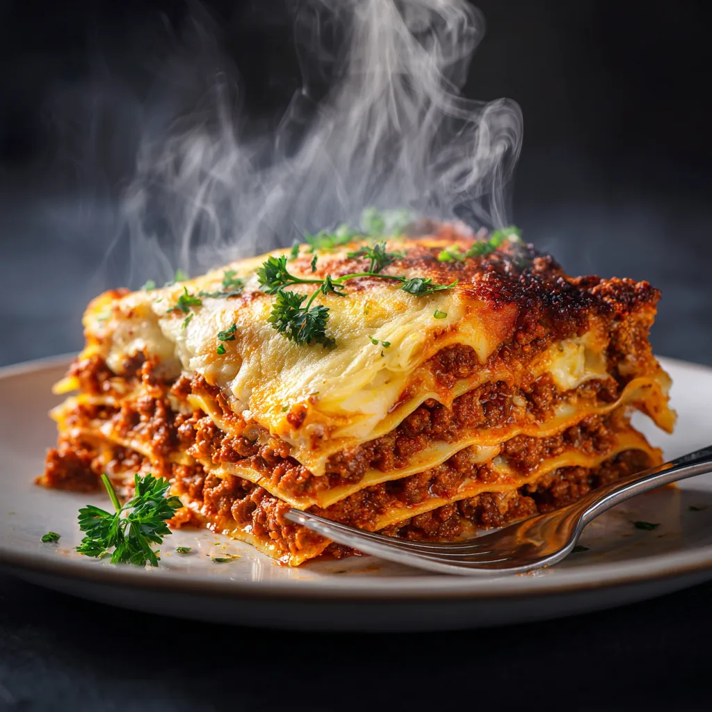 Lasagne Bolognese Querschnitt zeigt perfekte Schichten aus Ragù und Béchamel