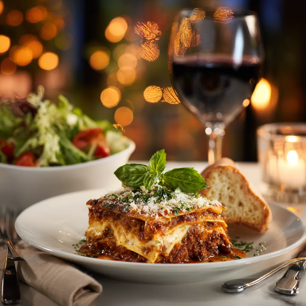 Servierte Lasagne Bolognese mit Salat und Wein auf gedecktem Tisch