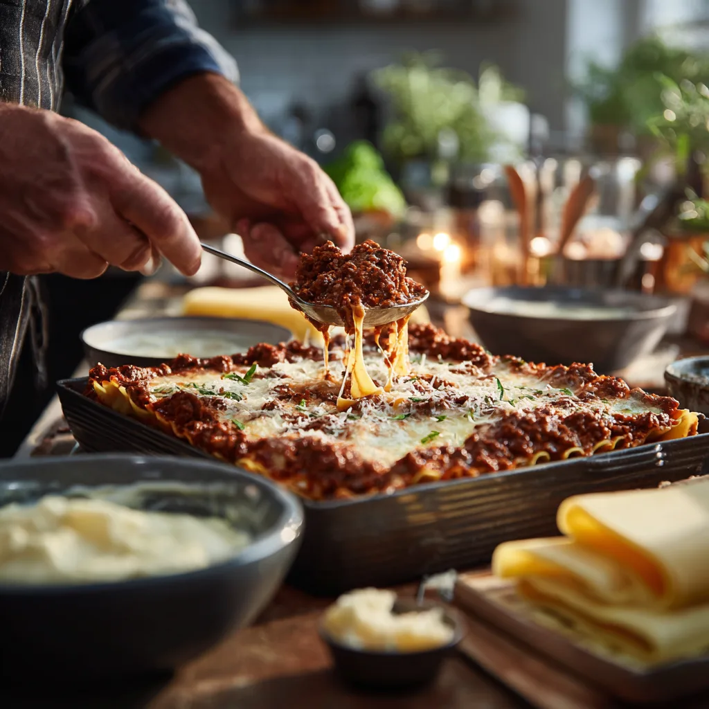 Lasagne Bolognese Zubereitung mit Schichten aus Ragù und Nudelplatten