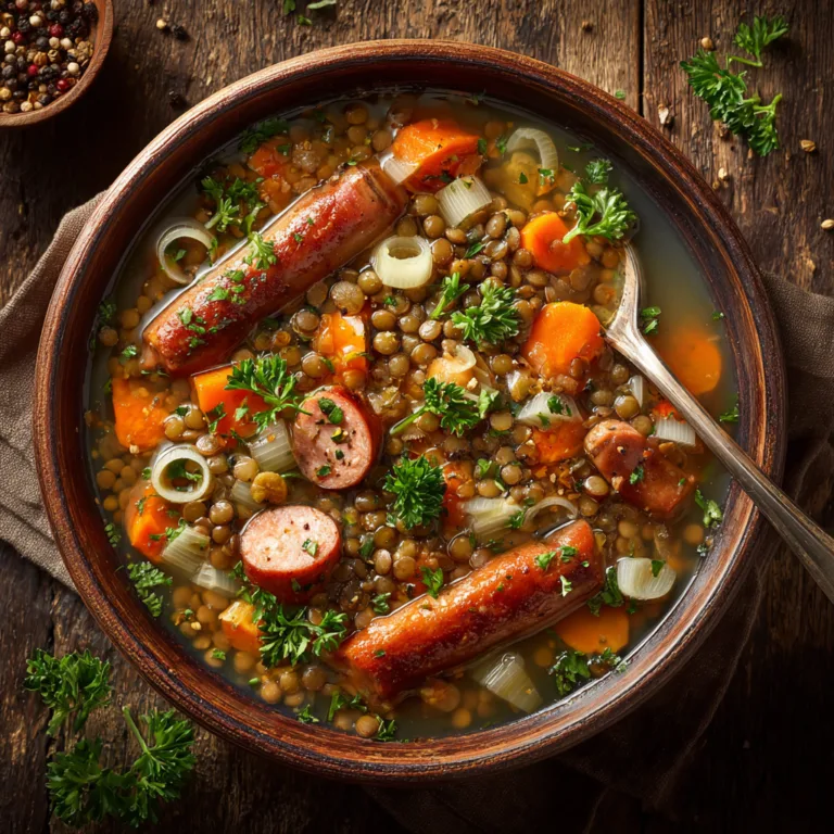 Linsensuppe mit Würstchen von oben fotografiert in rustikaler Schüssel mit Petersilie garniert