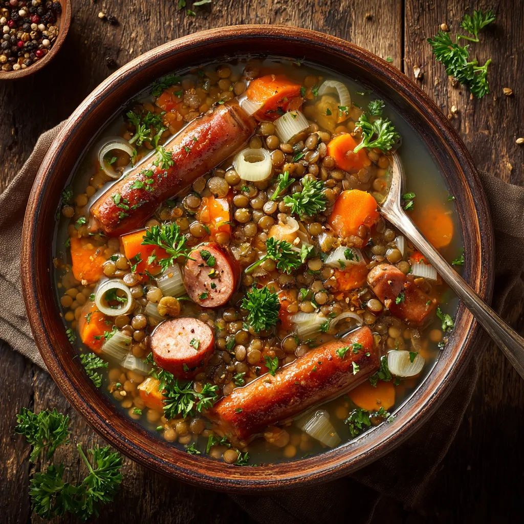Linsensuppe mit Würstchen von oben fotografiert in rustikaler Schüssel mit Petersilie garniert