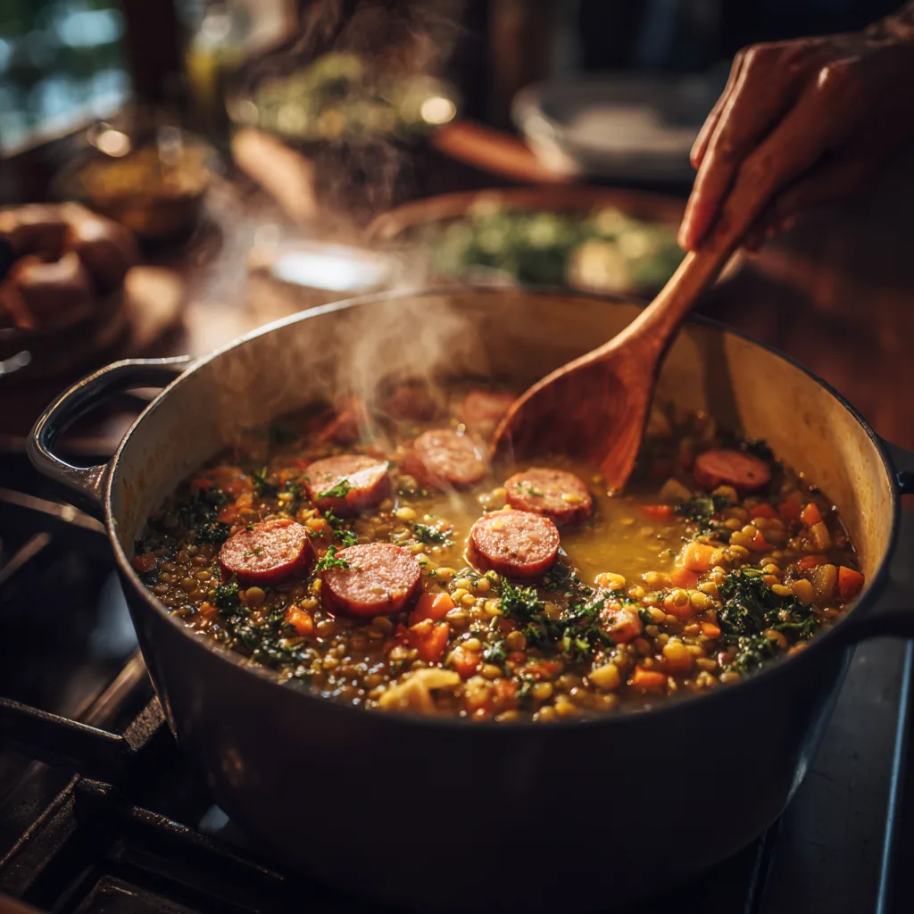 Linsensuppe mit Würstchen wird im Topf gekocht mit Holzlöffel umgerührt