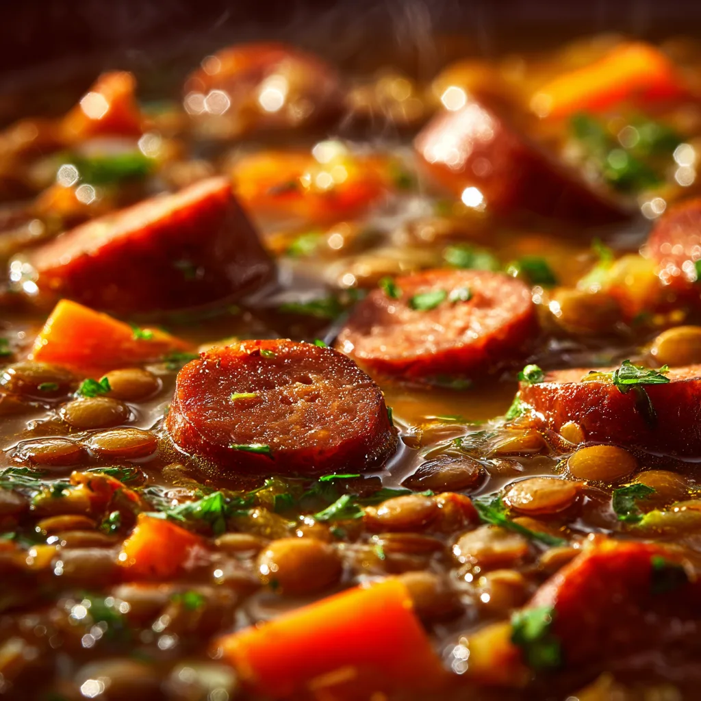 Nahaufnahme Linsensuppe mit Würstchen zeigt Textur der Linsen und Würstchenscheiben
