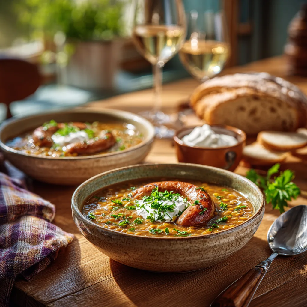  Linsensuppe mit Würstchen serviert mit Bauernbrot und Beilagen auf gedecktem Tisch
