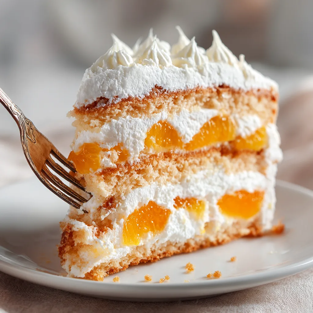 Nahaufnahme Mandarinenkuchen mit Sahne Anschnitt – saftige Schichten und cremige Füllung