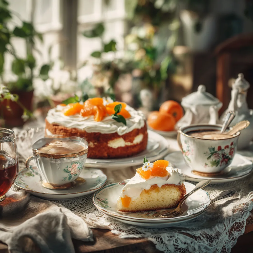Mandarinenkuchen mit Sahne serviert – elegante Präsentation zum Kaffee