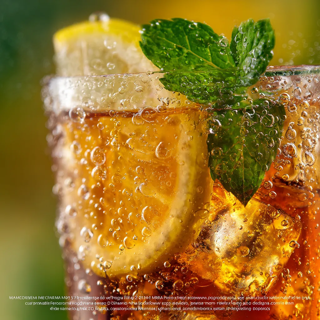 Nahaufnahme von Mango Eistee mit Eiswürfeln, Mango­püree und frischer Minze