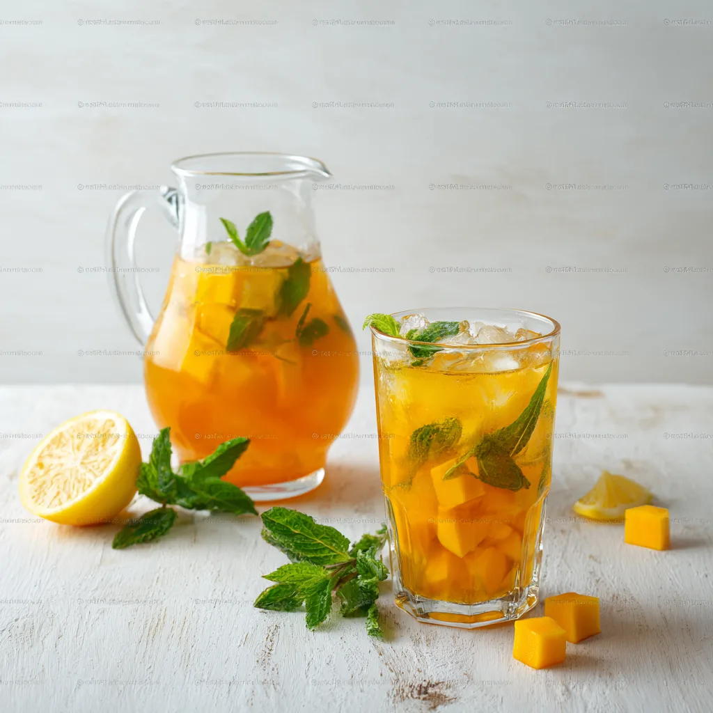 Erfrischender Mango Eistee im Krug und Glas aus der Draufsicht mit Eiswürfeln