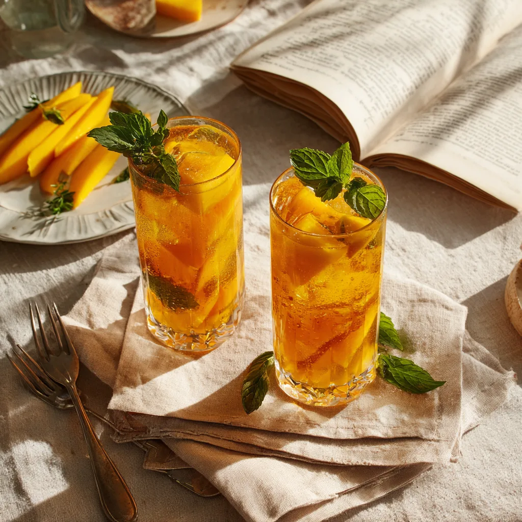 Servierter Mango Eistee auf gedecktem Tisch mit leichtem Sommeressen