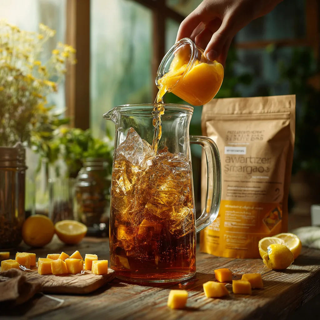 Mango Eistee Zubereitung – Mango­püree wird in eine Karaffe mit Tee gegossen