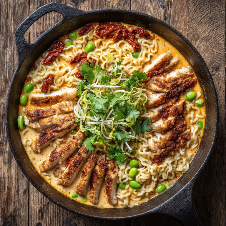 Marry Me Chicken Ramen in Pfanne von oben mit cremiger Sauce und frischen Toppings