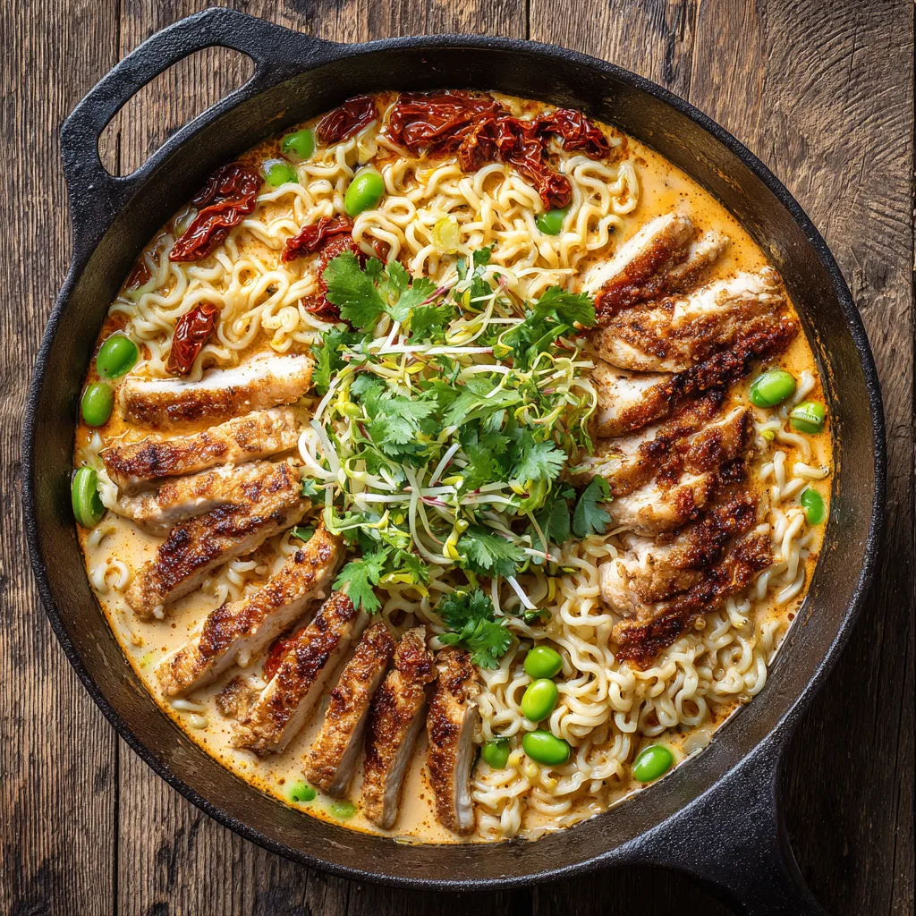 Marry Me Chicken Ramen in Pfanne von oben mit cremiger Sauce und frischen Toppings