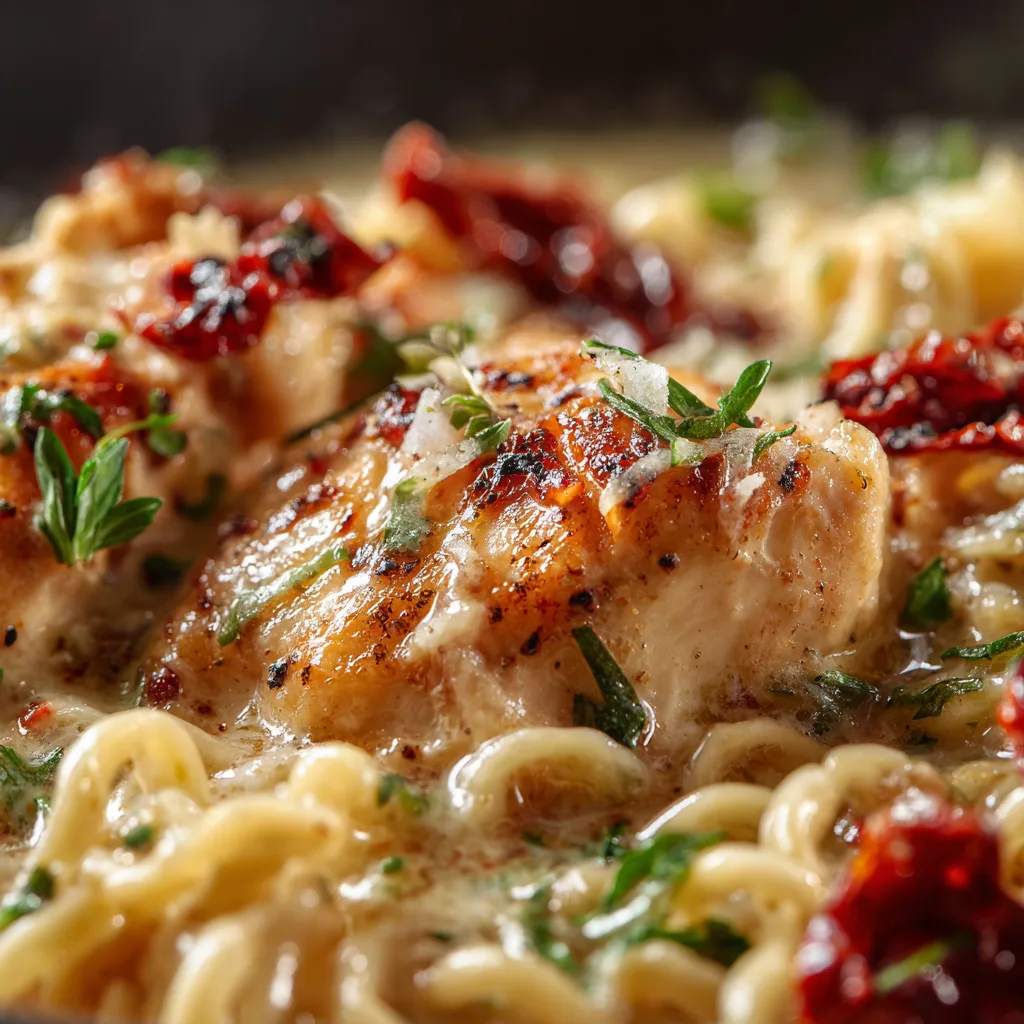  Nahaufnahme Marry Me Chicken Ramen mit cremiger Parmesan-Sauce und sonnengereiften Tomaten