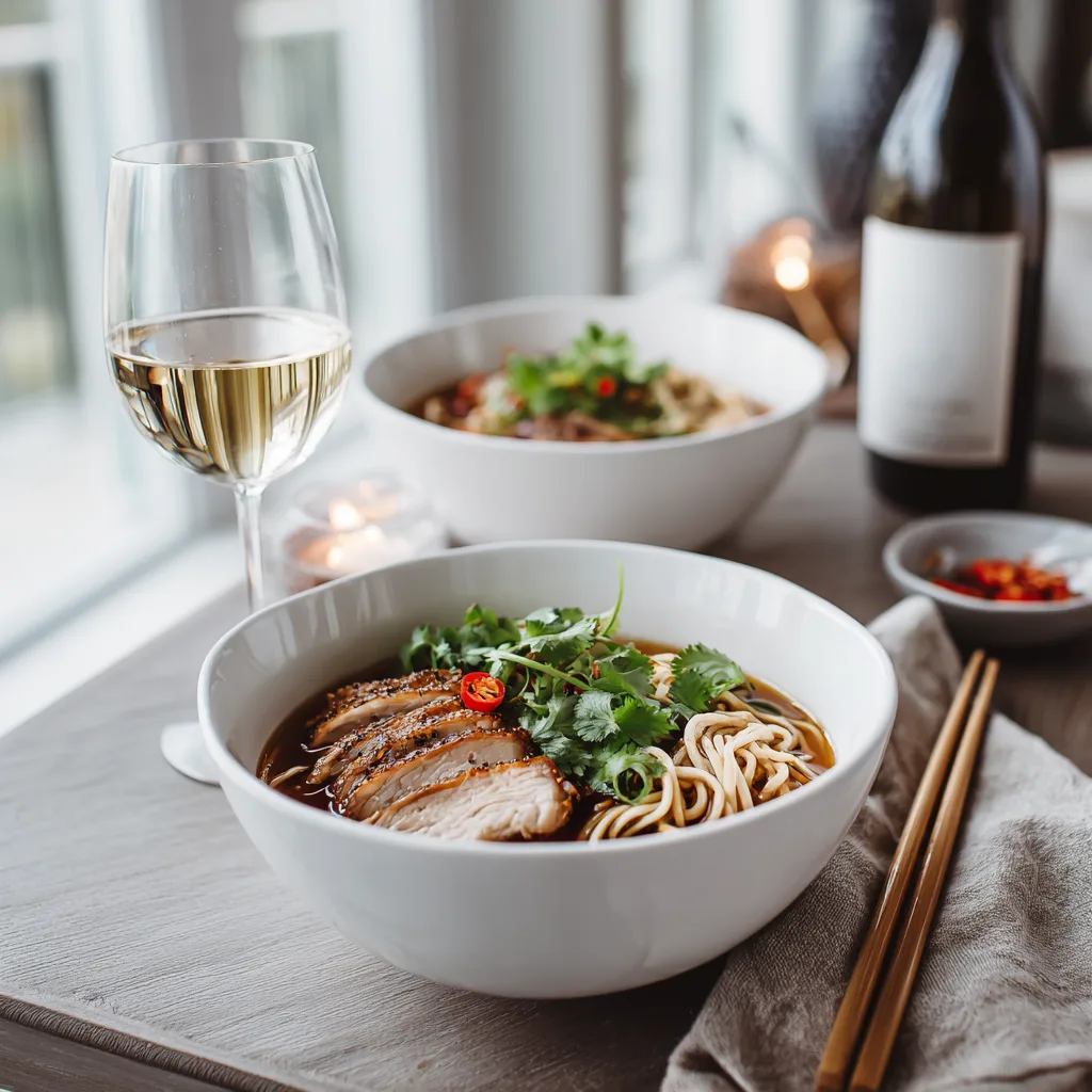 Serviertes Marry Me Chicken Ramen in weißer Schüssel auf gedecktem Tisch