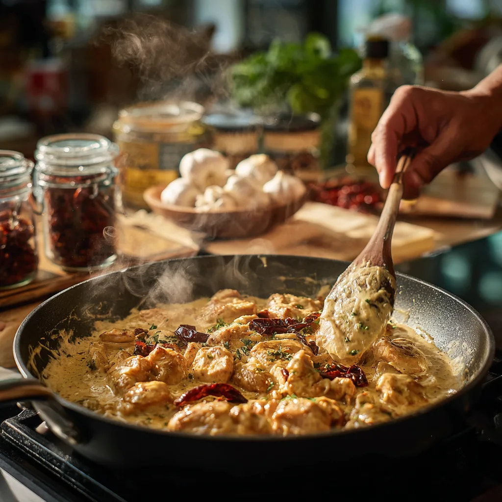 Marry Me Chicken Ramen Zubereitung in der Küche mit Pfanne und Zutaten
