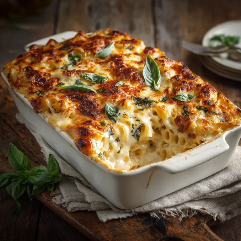 Million Dollar Pasta cremig überbacken mit goldbraunem Käse im Auflaufform