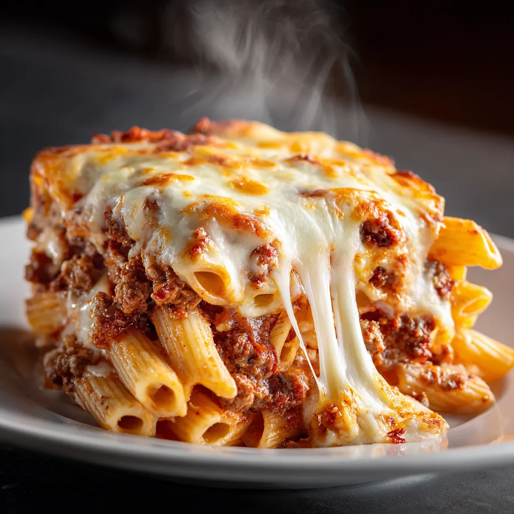 Million Dollar Pasta Portion mit sichtbaren Schichten aus Käse und Hackfleischsauce