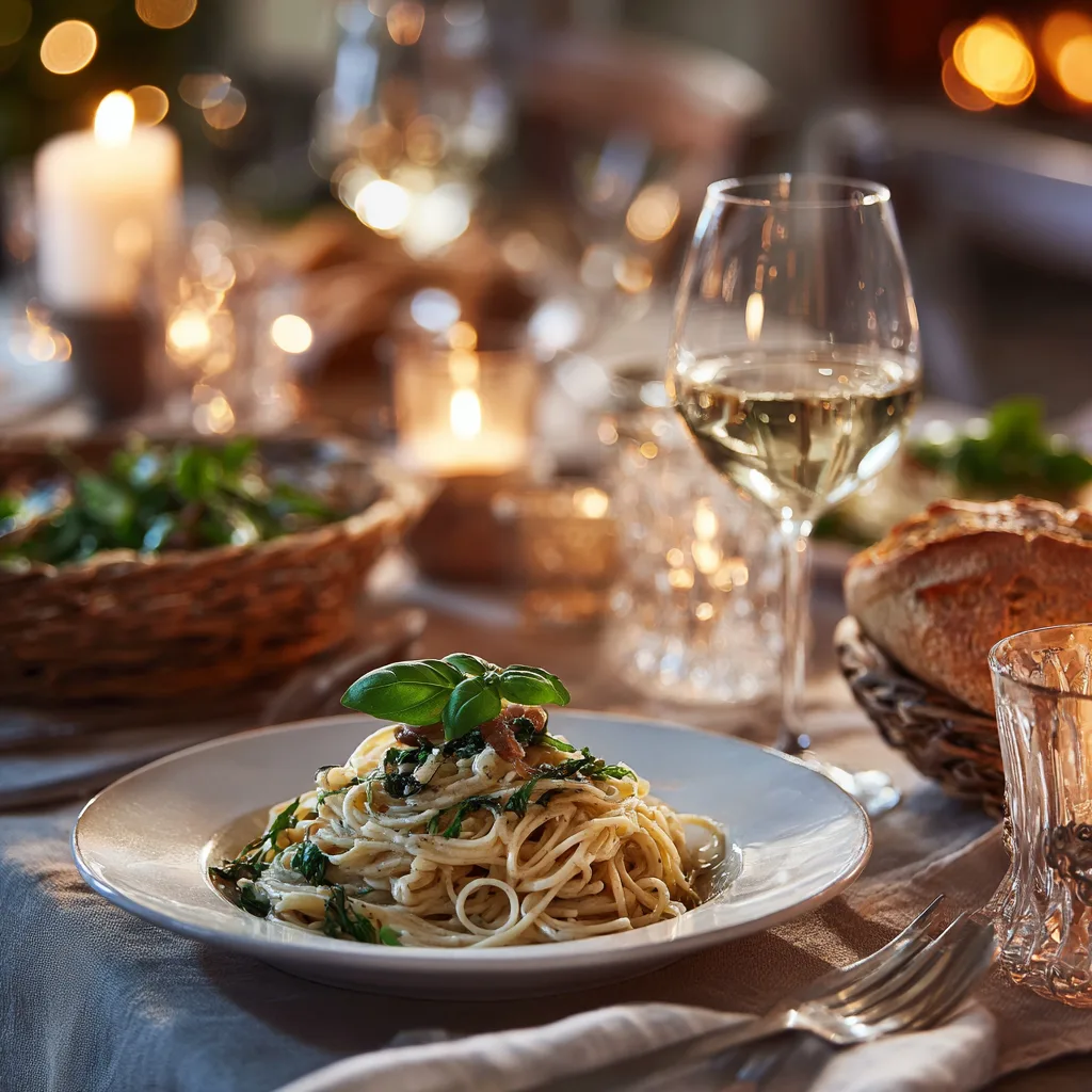 Million Dollar Pasta serviert mit Salat und Knoblauchbrot auf gedecktem Tisch