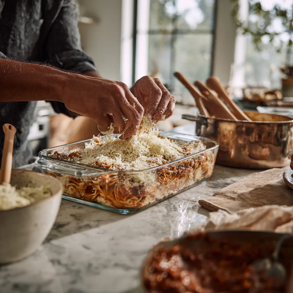 Million Dollar Pasta Zubereitung mit Schichten aus Pasta Käse und Sauce