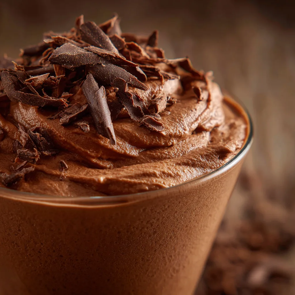 Nahaufnahme cremige Mousse au Chocolat Textur mit Schokoraspeln