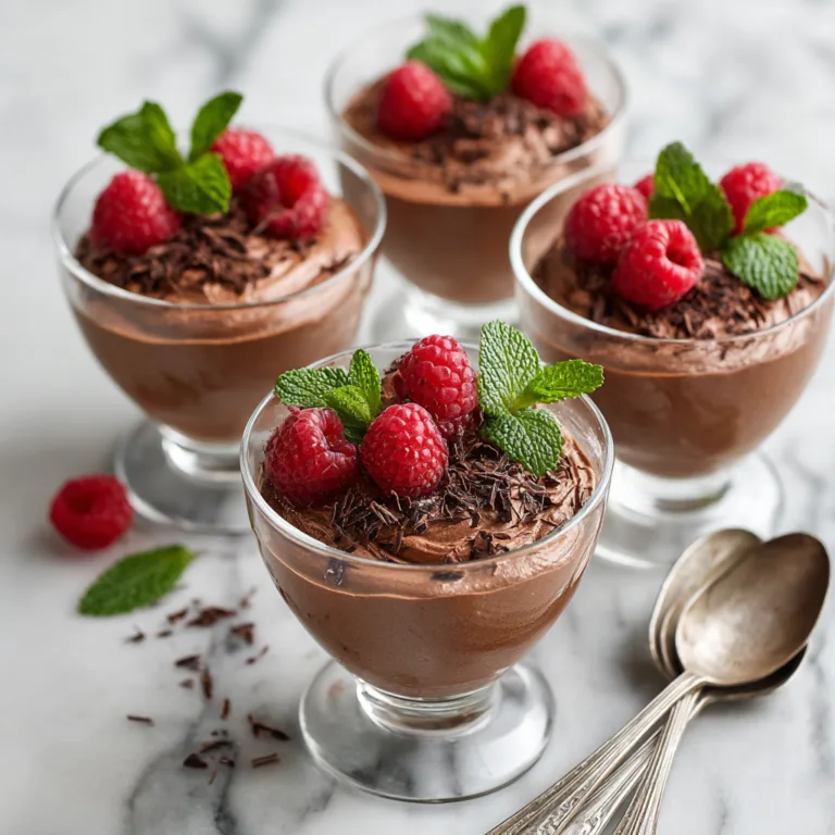 Mousse au Chocolat in Gläsern garniert mit Himbeeren und Schokoraspeln